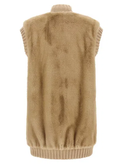 Pinko 'genovese' Beige Sleeveless Vest With High Neck And Ribbed Details  In Ecofur Woman In Neutral