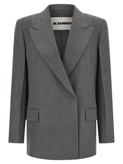 Jil Sander Double-breasted Textured Wool Blazer With Flap Pockets In Gray