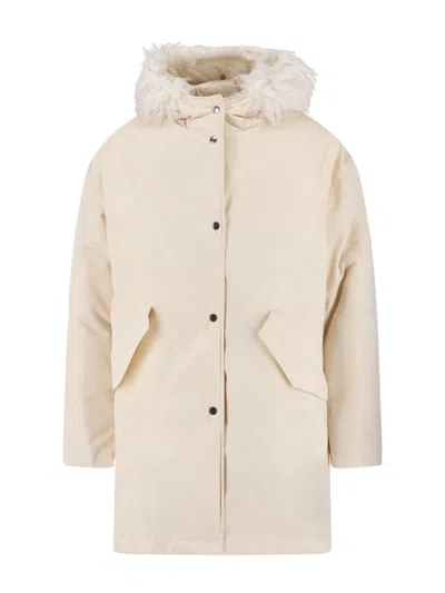 Jil Sander Hooded Longline Jacket With Faux Fur Trim In Multi