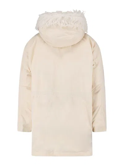 Jil Sander Hooded Longline Jacket With Faux Fur Trim In Multi