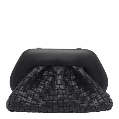 Themoirè Tia Black Clutch Bag With Woven Straw Motif And Shoulder Strap In Black
