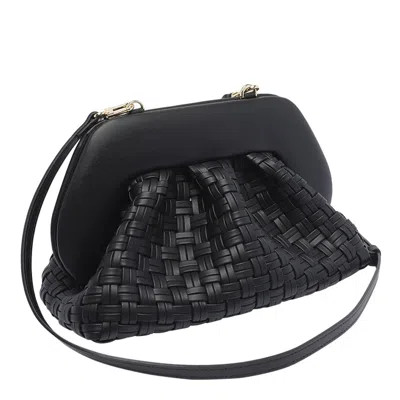 Themoirè Tia Black Clutch Bag With Woven Straw Motif And Shoulder Strap In Black