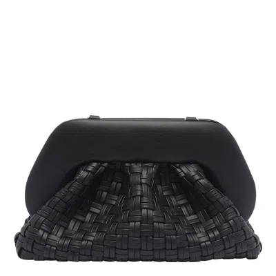 Themoirè Tia Black Clutch Bag With Woven Straw Motif And Shoulder Strap In Black