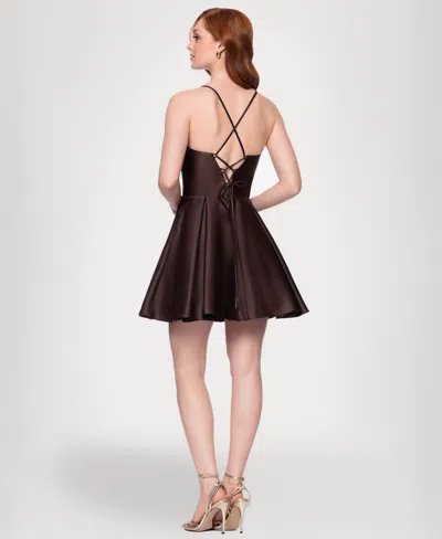 Blondie Nites Juniors' Satin Draped-neck Mini Dress In Brown