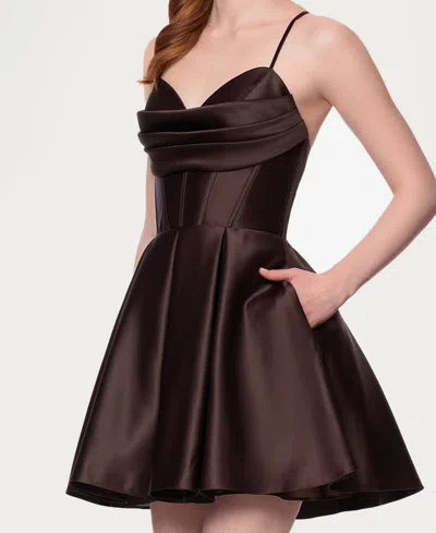 Blondie Nites Juniors' Satin Draped-neck Mini Dress In Brown