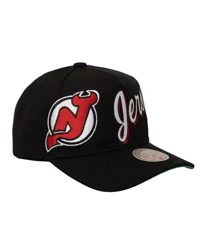 Mitchell & Ness Mitchell Ness Men's Black New Jersey Devils Busted Logo Wordmark Wrap-around Pro Pinch Adjustable Ha In Black