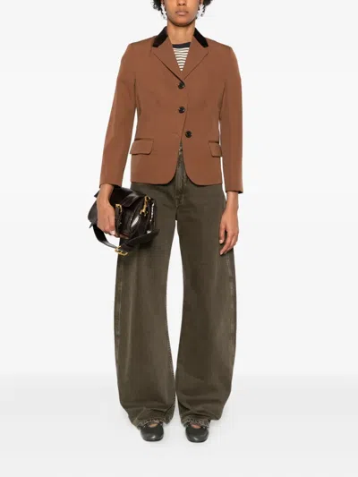 Marni Velvet-trimmed Embroidered Grain De Poudre Wool Blazer In Brown