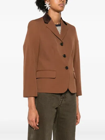 Marni Velvet-trimmed Embroidered Grain De Poudre Wool Blazer In Brown