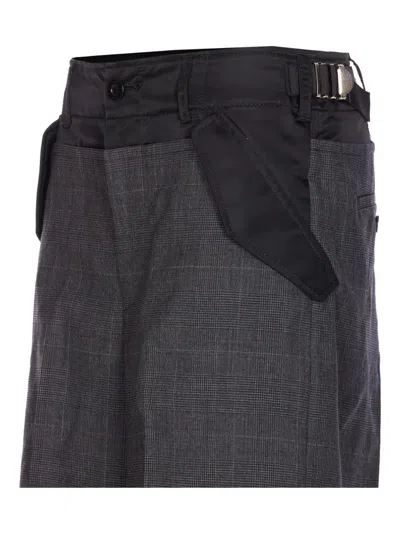 Sacai Check-pattern Buckle Trousers In Gray