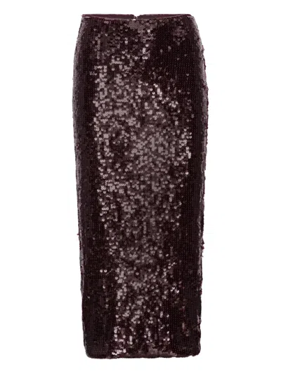 Rotate Birger Christensen Burgundy Midi Skirt With Sequined Finish In Brown