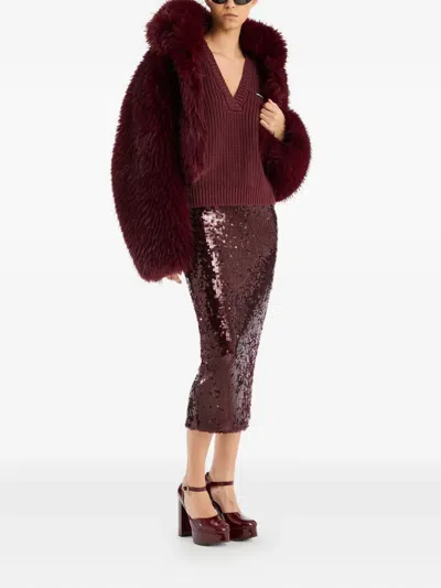 Rotate Birger Christensen Burgundy Midi Skirt With Sequined Finish In Brown