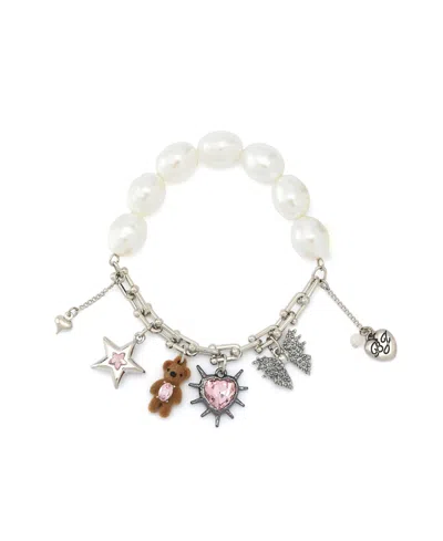 Betsey Johnson Faux Stone Teddy Bead Charm Cultivated Pearl Stretch Bracelet In Multi