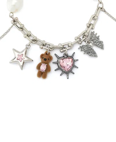 Betsey Johnson Faux Stone Teddy Bead Charm Cultivated Pearl Stretch Bracelet In Multi