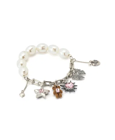 Betsey Johnson Faux Stone Teddy Bead Charm Cultivated Pearl Stretch Bracelet In Multi