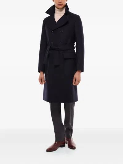 Fursac Belted Double-breasted Coat In Blue