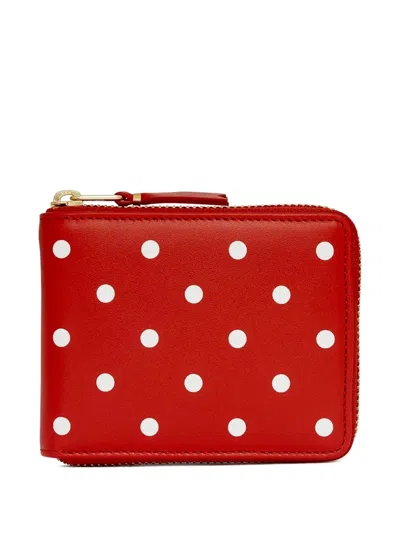 Comme Des Garçons Dot Printed Leather Zip Around Wallet In Red