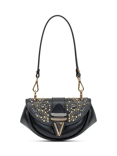 Versace Virtus Embellished Leather Shoulder Bag In Black