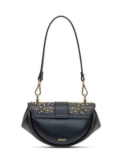 Versace Virtus Embellished Leather Shoulder Bag In Black