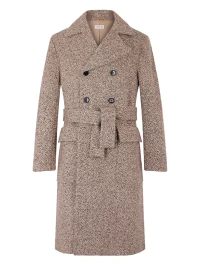 Fursac Tweed-belted Double-breasted Coat In Brown