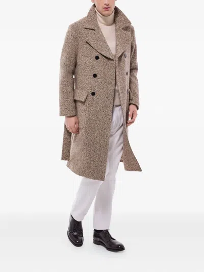 Fursac Tweed-belted Double-breasted Coat In Brown