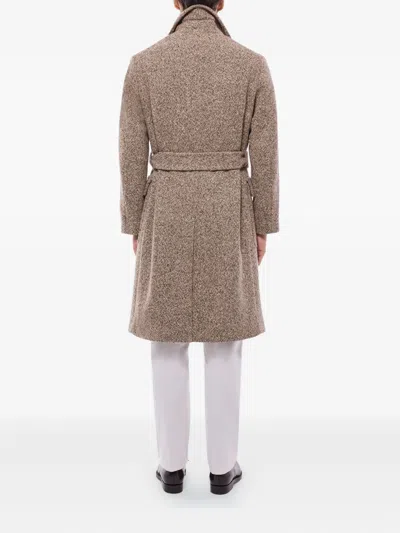 Fursac Tweed-belted Double-breasted Coat In Brown