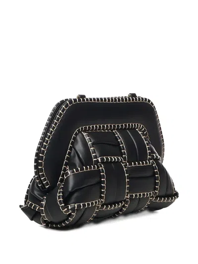 Themoirè Structured Woven Clutch With Beige Stitching In Black