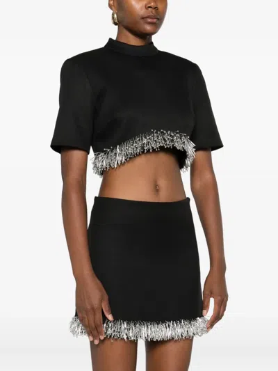 Simkhai Jalen Beaded Short-sleeve Crop Top In Black