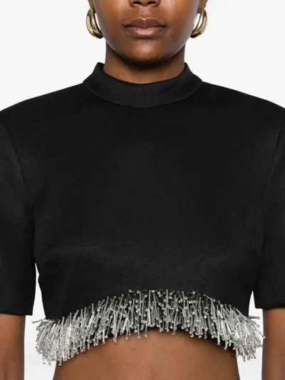 Simkhai Jalen Beaded Short-sleeve Crop Top In Black