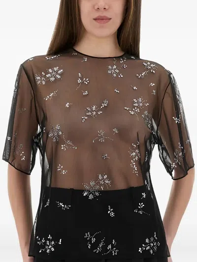 Rabanne Sheer Floral Embellished Short Sleeve Top In Black