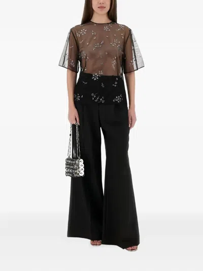 Rabanne Sheer Floral Embellished Short Sleeve Top In Black