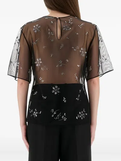Rabanne Sheer Floral Embellished Short Sleeve Top In Black