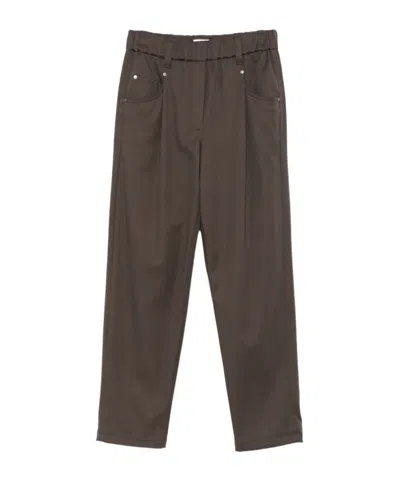 Brunello Cucinelli Baggy Pull-on Trousers In Stretch Cotton Cover With Shiny Bartack In Brown