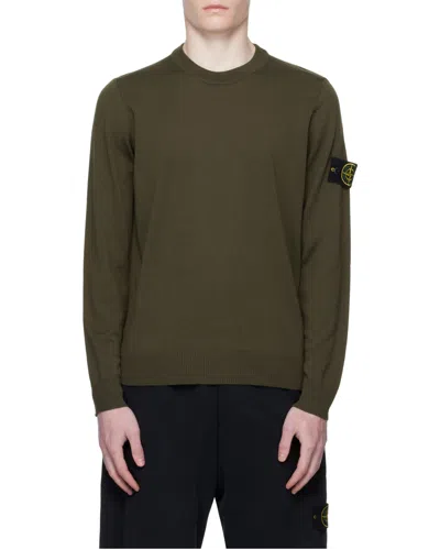 Stone Island Crew Neck Sweater Ribbed Cuffs In Green