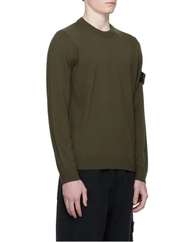 Stone Island Crew Neck Sweater Ribbed Cuffs In Green