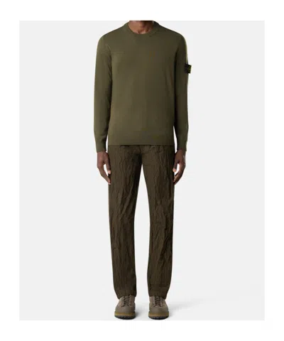 Stone Island Crew Neck Sweater Ribbed Cuffs In Green