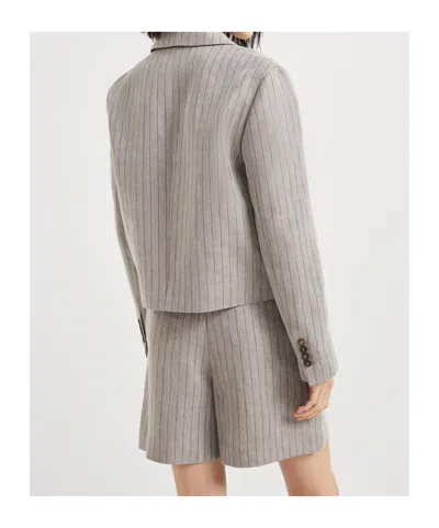 Brunello Cucinelli Techno Linen Stripe Cropped Blazer In Neutral