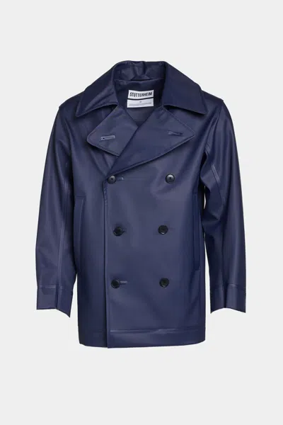 Stutterheim Tranholmen Double Breasted Raincoat In Blue
