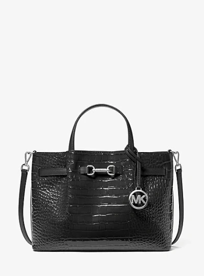 Michael Kors Carson Medium Crocodile Embossed Satchel In Black