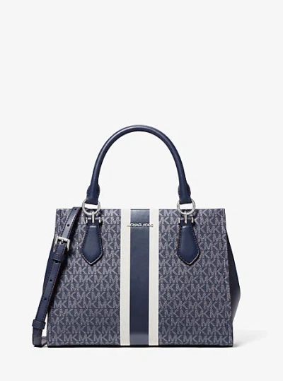 Michael Kors Marilyn Medium Signature Logo Stripe Satchel In Blue