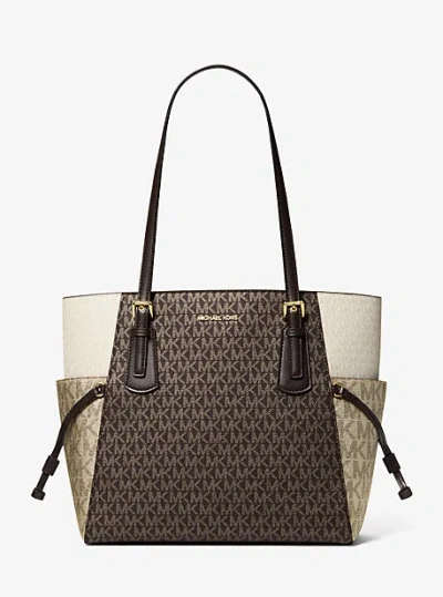 Michael Kors Voyager Large Color-block Metallic Signature Logo Tote Bag In Brown