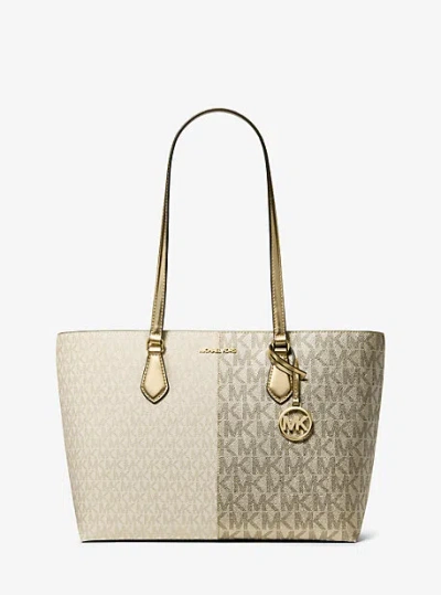 Michael Kors Sheila Large Metallic Two-tone Signature Logo Tote Bag In Gold