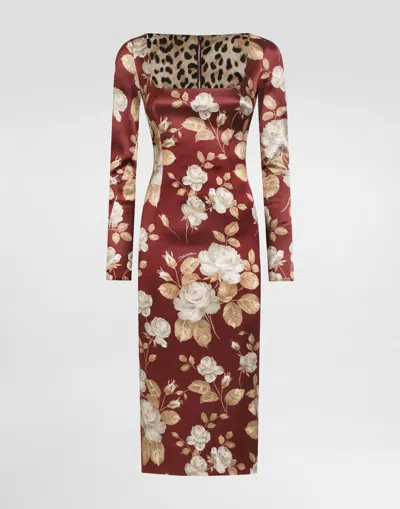 Dolce & Gabbana Dolce&gabbana Burgundy Satin Dress With Floral Print Women In Multi