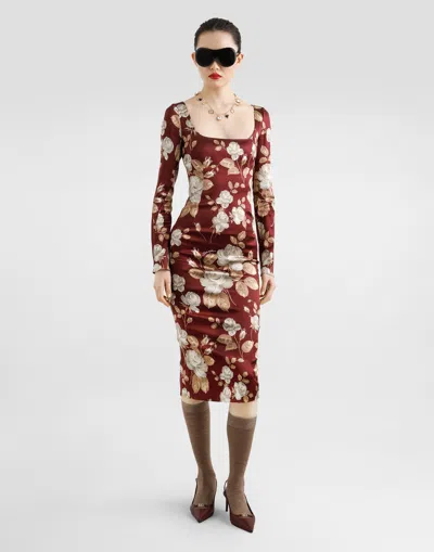 Dolce & Gabbana Dolce&gabbana Burgundy Satin Dress With Floral Print Women In Multi