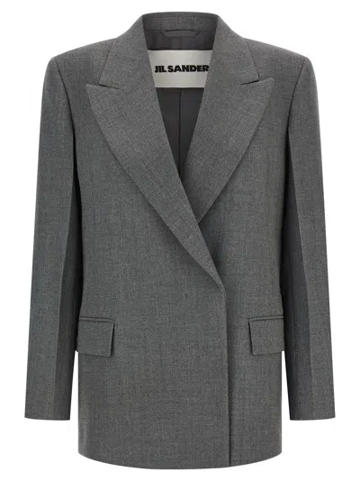 Jil Sander Double-breasted Textured Wool Blazer With Flap Pockets In Gray