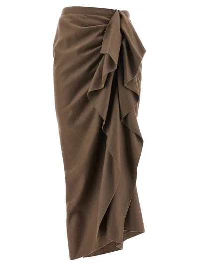 Fabiana Filippi Pinstriped Virgin Wool Midi Skirt With Draping In Brown