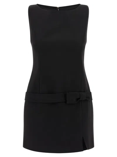 Twinset Black Crewneck Mini Dress With Bow Detail On The Front And Logo Plaque On The Rear In Tech Fabric St In Black