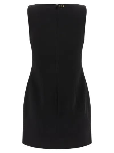 Twinset Black Crewneck Mini Dress With Bow Detail On The Front And Logo Plaque On The Rear In Tech Fabric St In Black