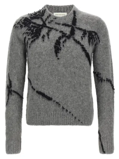 Dries Van Noten Mouche Embroidered Wool Sweater In Gray