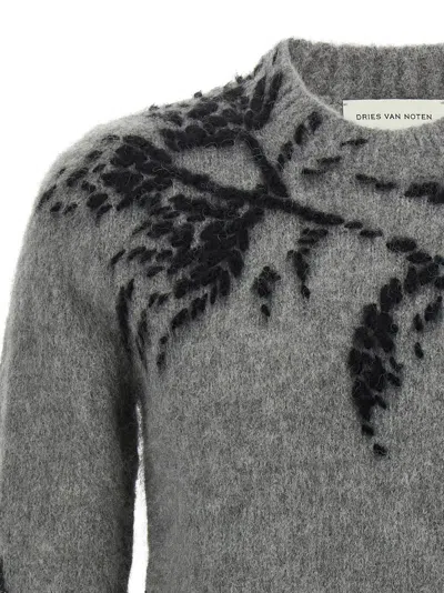 Dries Van Noten Mouche Embroidered Wool Sweater In Gray