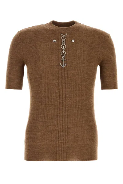 Prada Short Sleeve Wool Knit With Anchor Detail In Brown